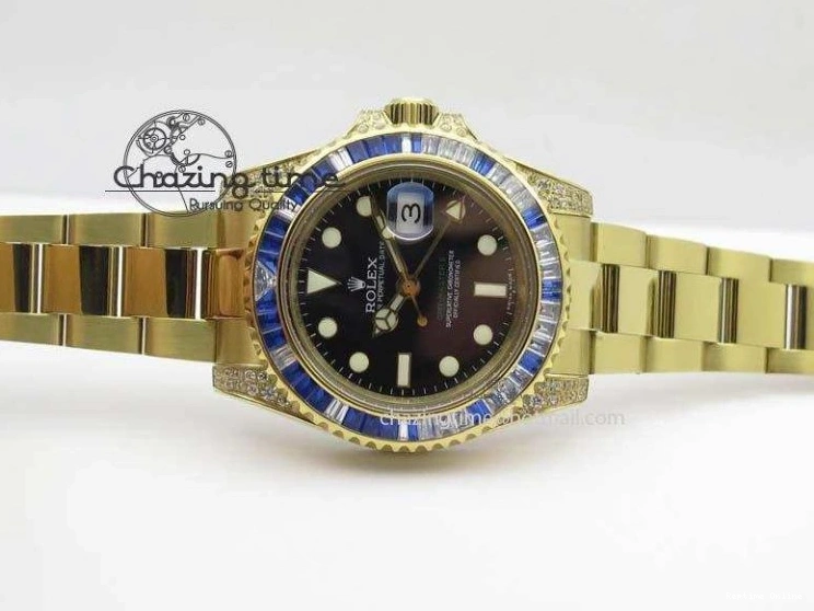 0414 GMT-Master II 116759 YG Bp-Maker Blue Ruby Crystal Bezel Black Dial On YG Bracelet A NewStyle 3775